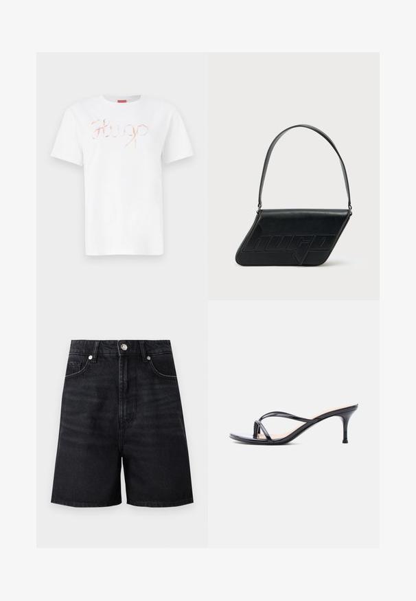 Witte katoen t-shirt met een cursieve, glanzende rosegouden "Hugo" logo op de voorkant. Standaard ronde hals en korte mouwen.; Zwarte denim short met een hoge taille, voorzakken en een zilveren knoopsluting. Gladde textuur met subtiele vervagingsdetails.; Zwarte laklederen sandaal met hakken, dunne gekruiste bandjes en een slanke, middelhoog stilettohak op een witte achtergrond.; Zwarte leren schoudertas met een driehoekige vorm, geperst logo en een enkele verstelbare riem. Minimalistisch ontwerp met een gladde textuur.