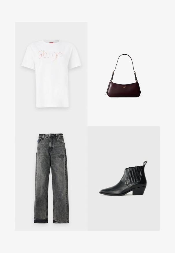 Witte katoen t-shirt met een cursieve, glanzende rosegouden "Hugo" logo op de voorkant. Standaard ronde hals en korte mouwen.; Zwarte denim jeans met wijde pijpen, een vervaagde wassing, verweringdetails aan de voorkant en een standaard vijf-pocketontwerp.; Zwarte leren enkellaars met een spitse neus, gequilt paneel aan de zijkant en een lage blokhak. Subtiele branding aan de zijkant.; Donker bordeauxkleurige leren handtas met een smalle zwarte schouderband en klein gouden "cK" logo aan de voorkant in het midden.