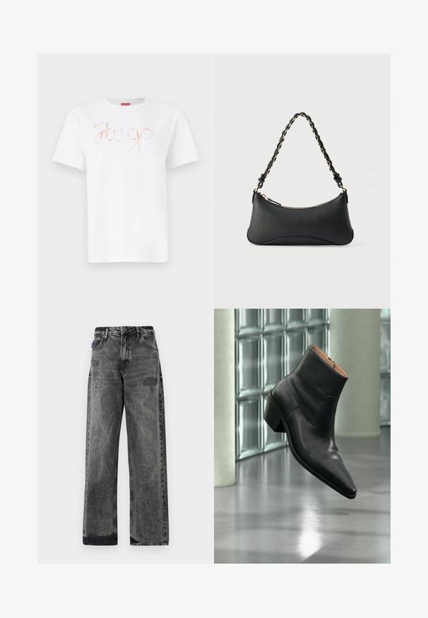 Hvid bomulds t-shirt med et kursiv, skinnende roseguld "Hugo" logo på forsiden. Standard rund hals og korte ærmer.; Bredde ben sorte denimjeans med en falmet vask, slidte detaljer foran og standard fem-lomme design.; Sort læderankelstøvle med spids tå og blokhæl, der svæver over en reflekterende grå gulv nær en væg af glasblokke.; Sort skuldertaske i læder med en buet rektangulær form, gyldent kæde vævet ind i en flettet sort rem og toplynlås.