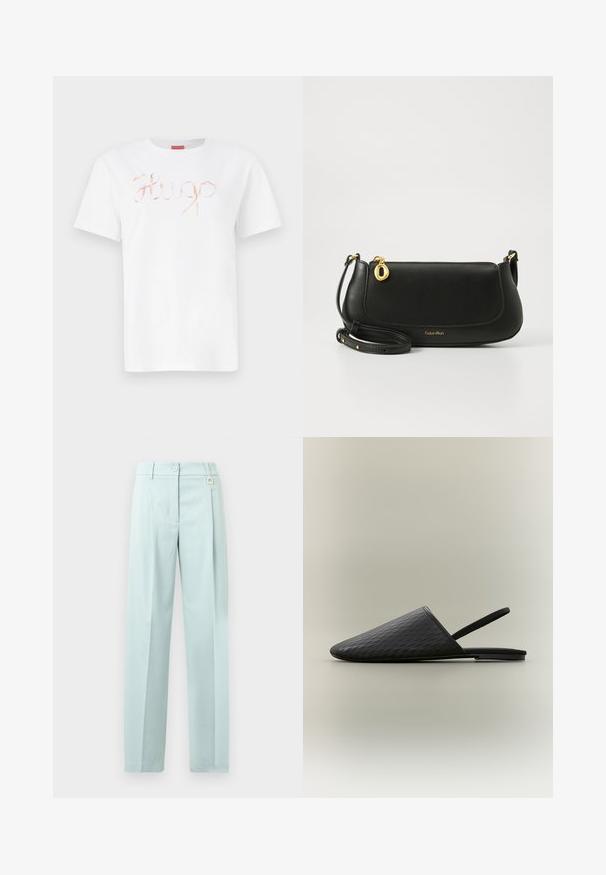 Weißes Baumwoll-T-Shirt mit einem geschwungenen, glänzenden roségoldenen "Hugo"-Logo auf der Vorderseite. Standard-Rundhals und kurze Ärmel.; Hellblaue, hoch taillierte Hose aus glattem Stoff. Verfügt über einen Knopfverschluss, Falten und einen kleinen Logo-Akzent am Bund.; Schwarzer strukturierter flacher Mule mit spitz zulaufender geschlossener Spitze und dünnem elastischem Slingback-Riemen, vor einem schlichten hellen Hintergrund.; Schwarze Leder-Umhängetasche mit glatter Textur, goldenen Hardware-Akzenten, einem Reißverschluss und einem Logo entlang der unteren Kante.