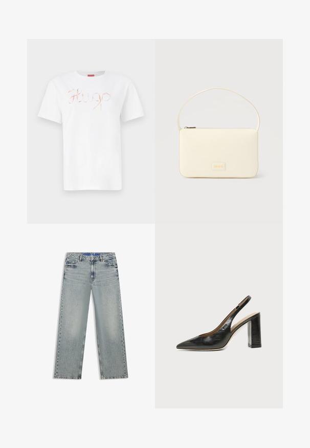 Hvid bomulds t-shirt med et kursiv, skinnende roseguld "Hugo" logo på forsiden. Standard rund hals og korte ærmer.; Lyseblå jeans med vide ben lavet af denim, med udvaskede områder, fem lommer og en blå mærket taljebånd.; Sort læder peep-toe slingback sko med høj blokhæl og beige indvendig foring mod en ensfarvet lys baggrund.; Kremfarvet rektangulær håndtaske med en enkelt rem og lynlås øverst, med en lille præget logo-plakette foran.