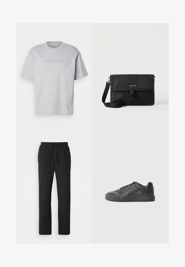 Hall värvi puuvillane T-särk lühikeste varrukatega, millel on ümar kaelus ja esiküljel peenelt tikitud "Calvin Klein" logo.; Mustad mustad spordipüksid, mis on valmistatud kergeks kangast, elastse vöökoha ja reguleeritavate nööridega ning küljetaskutega. Sile tekstuur.; Must musta tossud, ümar nina, tasase rubberist tald ja kontrastsete õmblustega. Külgedel on logo ja nööbivärv.; Must Calvin Klein õlakott reguleeritava rihmaga ja esiklapiga, mis on kinnitatud pandlaga, kuvatud ühevärvilise tausta ees.