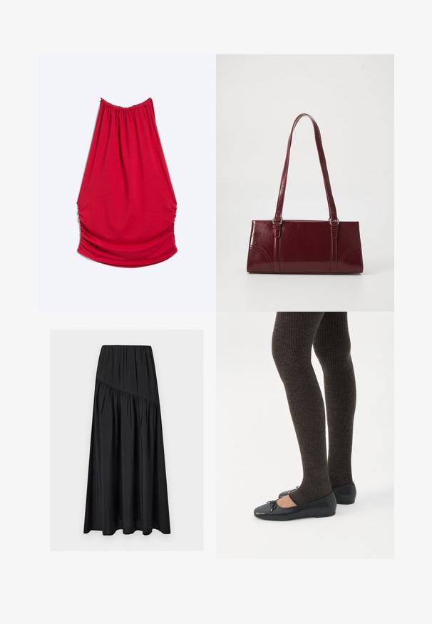 Robe rouge sans manches à col licou avec côtés froncés et encolure froncée, présentée sur un fond clair uni.; Jupe longue noire avec taille élastique et détail de couture froncée en diagonale, réalisée en tissu léger légèrement texturé.; Jambes portant des leggings côtelés foncés associés à des ballerines noires avec de petits détails en nœud sur fond blanc.; Sac à main bordeaux en matériau brillant, de forme rectangulaire, avec deux anses et des accents légèrement courbés à l'avant.