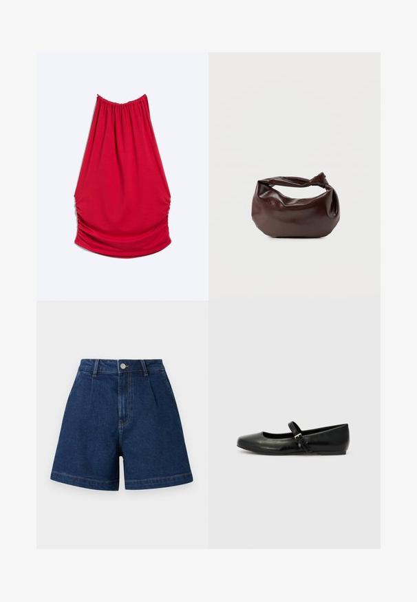 Robe rouge sans manches à col licou avec côtés froncés et encolure froncée, présentée sur un fond clair uni.; Short en denim bleu foncé taille haute avec plis à l'avant, fermeture par bouton, passants pour ceinture et jambes larges.; Ballerines en cuir noir avec un bout arrondi, une semelle plate et une fine sangle ajustable sur le cou-de-pied avec une boucle en métal.; Sac bandoulière en cuir marron foncé avec une forme souple et décontractée et une anse nouée torsadée sur un fond blanc uni.
