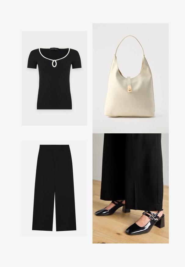 Haut noir à manches courtes en maille côtelée avec bordure blanche autour de l'encolure en U et une petite découpe en forme de goutte d'eau maintenue par un bouton doré.; Pantalons noirs à jambe large en tissu lisse. Dotés d'une taille plate avec passants de ceinture et sans poches visibles. Design simple.; Chaussures slingback en cuir verni noir avec bouts carrés, dotées de double brides ajustables à la cheville et de talons blocs. Fini lisse et brillant.; Sac hobo en cuir couleur crème avec une seule bandoulière, texture lisse et un détail de fermoir doré à l'avant.