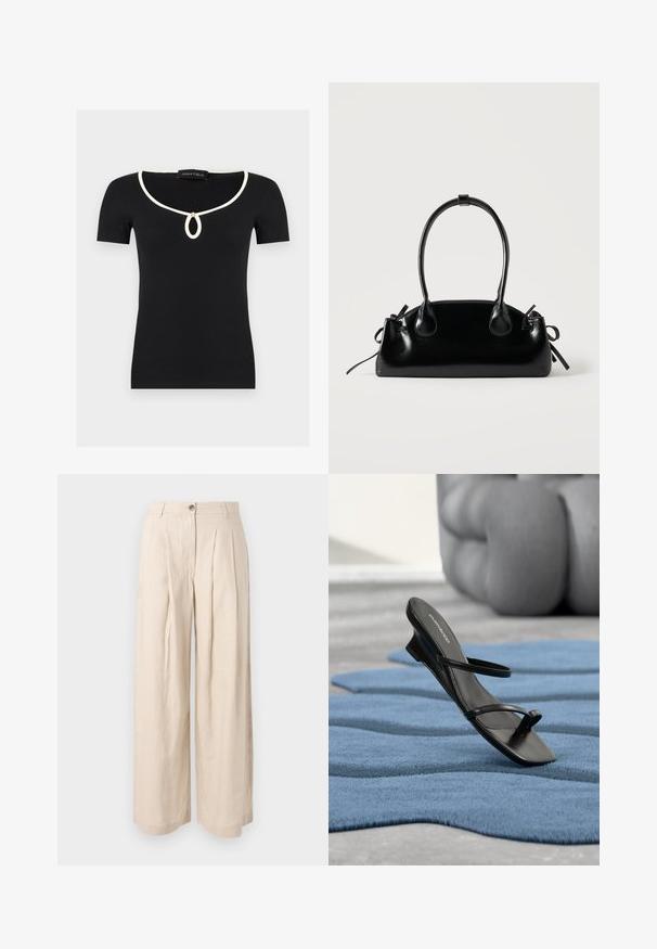 Haut noir à manches courtes en maille côtelée avec bordure blanche autour de l'encolure en U et une petite découpe en forme de goutte d'eau maintenue par un bouton doré.; Pantalon beige taille haute à jambes larges avec des plis à l'avant, passants pour ceinture et fermeture par bouton.; Sandale noire à brides avec boucle d’orteil exposée sur un tapis texturé bleu, avec un grand objet décoratif gris flouté en arrière-plan.; Petit sac à main noir brillant avec deux longues anses et des détails à cordon sur les côtés sur un fond clair uni.