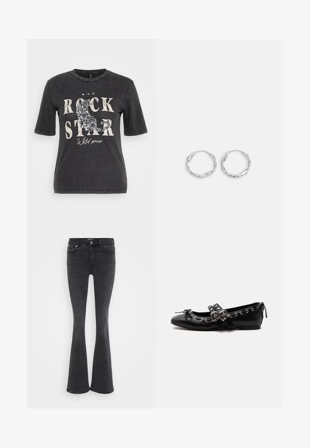 Sort kortærmet t-shirt med et grafisk print med teksten "ROCK STAR" og palietter, sat mod en let slidt baggrund.; Sort brede jeans lavet af denim, med metalpyntede detaljer overalt. Fem lommer og lukning med knap foran.; Sort flad balletsko med dobbelt spænde, sølvøjer og en lille sløjfe nær den runde tå på en hvid baggrund.; Sølv hoops med en bølget, uregelmæssig tekstur. Har en tynd, cirkulær form og en reflekterende finish.