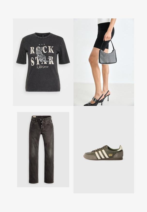 Sort kortærmet t-shirt med et grafisk print med teksten "ROCK STAR" og palietter, sat mod en let slidt baggrund.; Mørkegrå lige ben jeans lavet af denim, der har en knaplukning, fem-lommemodel og subtile falmede detaljer på stoffet.; Grønne og grå sneakers med tre hvide striber, tekstureret læder og ruskindsmateriale, guld logo accent og flad gummisål.; Sort perlehandtaske med en buet silhuet, bærehåndtag og blank overflade. Båret med højhælede sorte sko og tætsiddende sorte shorts.