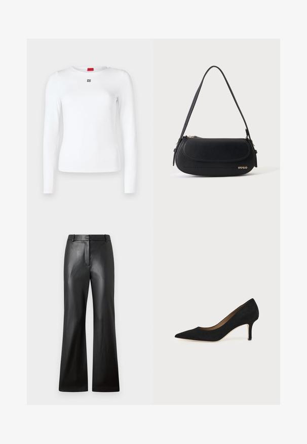 Camisa blanca de manga larga con un diseño ajustado y un escote redondo. Presenta un pequeño logo negro de "Hugo" en el pecho. Textura de tela suave.; Pantalones de cuero negro con una textura suave, diseño de pierna ancha y una cinturilla de altura media que presenta trabillas para cinturón y bolsillos frontales.; Salón de ante negro con punta puntiaguda, tacón de aguja delgado de altura media y diseño de corte bajo sobre un fondo liso.; Bolso de hombro de cuero negro con solapa curva, logo dorado "HUGO" en el frente y una correa ajustable.