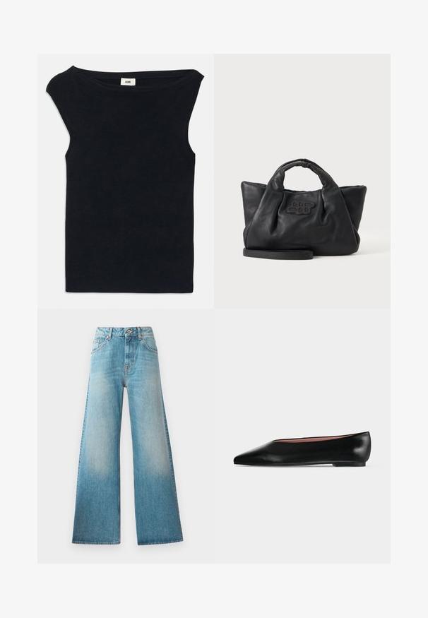 Sort ærmeløs top lavet af blødt stof, med en bred udskæring og en tætsiddende pasform. Glat tekstur med en ren afslutning ved kanten.; Lysblå denim wide-leg jeans med høj talje, fem-lomme design og diskret falmning langs lårerne. Kobberfarvede hardware-detaljer.; Sort damesko i læder med flad hæl og spids tå, vist fra siden på en ensfarvet lys grå baggrund.; Sort blødt læderhåndtaske med korte håndtag, en aftagelig rem og et syet logo foran, på en ensfarvet lys baggrund.