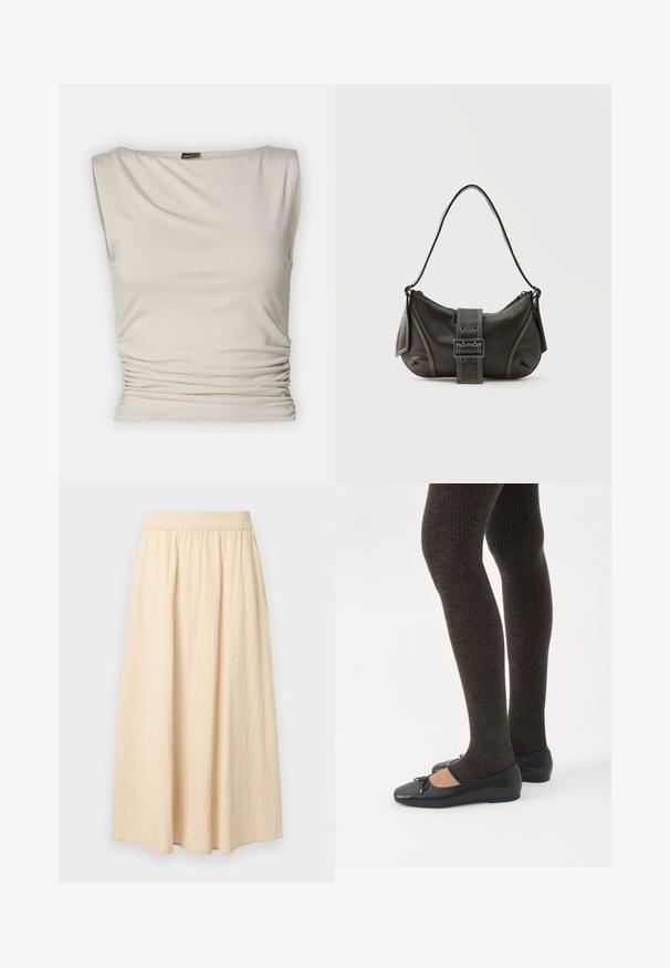 Gina Tricot SOFT TOUCH BOATNECK TOP - Μπλούζα - pumice stone; Μακριά μπεζ φούστα με ελαστική μέση, απαλό υφασμάτινο ύφασμα και χαλαρή, ρέουσα σιλουέτα.; Πόδια με σκουρόχρωμα ριμπ κολάν συνδυασμένα με μαύρα μπαλαρίνα παπούτσια με μικρές λεπτομέρειες φιόγκων σε λευκό φόντο.; Μαύρη δερμάτινη τσάντα ώμου με λεπτομέρεια ιμάντα με πόρπη, καμπυλωτές άκρες και αντίθετη λευκή ραφή σε απλό φόντο.