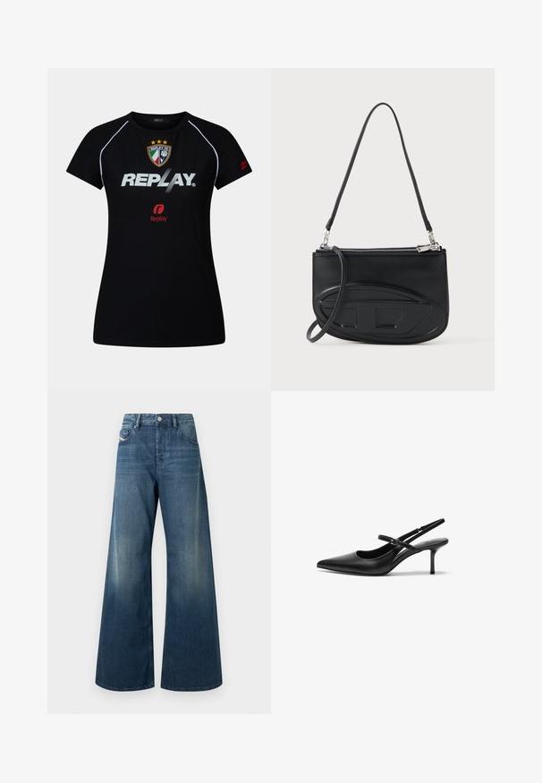 Camisa deportiva de manga corta negra con ribetes blancos, escudo de Replay FC, gran texto blanco "REPLAY" y pequeño logo rojo de Replay en el pecho y en la manga.; Jeans de piernas anchas en denim azul oscuro, con un acabado desgastado, diseño tradicional de cinco bolsillos y cierre con botón de metal en la cintura.; Zapatos de tacón slingback de cuero negro con punta afilada, correa ajustable delgada y un tacón de aguja de aproximadamente 5 cm, textura suave.; Bolso de cuero negro con una correa larga, que presenta una superficie lisa y un diseño en relieve. Cierre con cremallera en la parte superior.