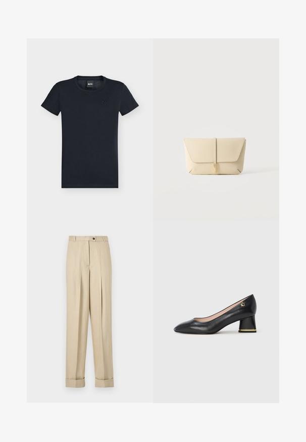 T-shirt noir à manches courtes et col rond avec un petit logo embossé sur la poitrine gauche et une étiquette de marque dans le cou.; Pantalon beige taille haute avec plis, passants pour ceinture, fermeture par bouton et zip, et ourlets retroussés sur un fond uni.; Escarpin en cuir noir avec un bout pointu, un talon bloc arrondi orné d'accent doré et une texture lisse. Intérieur doublé. Design simple.; Pochette en cuir beige avec rabat avant et fermeture par sangle verticale, sur un fond clair uni.