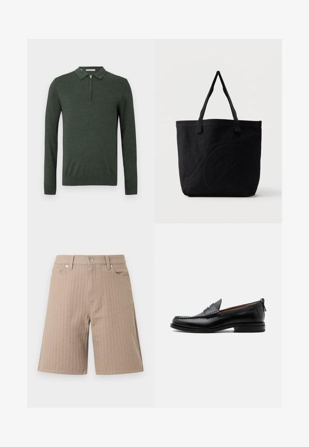Donkergroene polo trui met lange mouwen, kwart ritssluiting en geribde manchetten en onderkant, weergegeven op een effen lichte achtergrond.; Beige short gemaakt van gestructureerde stof met verticale strepen, een tailleband met een knoop aan de voorkant en zijzakken.; Zwarte leren herensloffen met moc toe stiksel, pennyriem, gestructureerde kraag en lage gestapelde hak op witte achtergrond.; Zwarte canvas tas met twee schouderbanden en een subtiel, ingebosseleerd cirkelvormig ontwerp aan de voorkant.