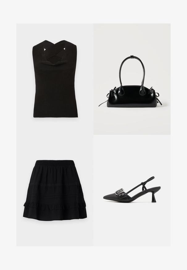 Top sin mangas negro de canalé con un escote profundo y tirantes en forma de cruz. Textura suave y silueta ajustada.; Falda de algodón negra con un diseño de volantes en capas, que presenta una cintura elástica y adornos de costuras en contraste y bandas de encaje.; Simmi London DALA - Tacones - black; Pequeño bolso negro brillante con dos asas largas y detalles de cordón lateral sobre un fondo claro liso.