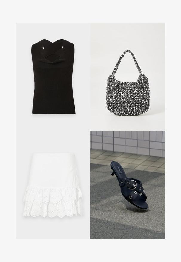 Top sin mangas negro de canalé con un escote profundo y tirantes en forma de cruz. Textura suave y silueta ajustada.; Falda blanca de algodón con un diseño de volantes en capas y bordado de ojales en el dobladillo. Textura suave, por encima de la rodilla.; Sandalia negra de tacón con tiras cruzadas que presentan ojales plateados y una hebilla redonda, situada sobre un pavimento texturizado junto a una pared con azulejos.; Bolso de mano tejido en blanco y negro con forma redondeada, superficie texturizada y asa trenzada. Adecuado para uso casual.