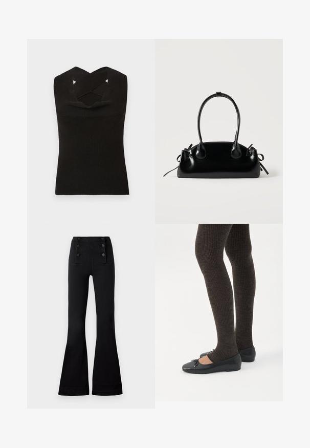 Top sin mangas negro de canalé con un escote profundo y tirantes en forma de cruz. Textura suave y silueta ajustada.; Pantalones acampanados negros de mezclilla con una cintura alta, que presentan cuatro botones decorativos en la parte delantera y una textura suave.; Piernas con leggings oscuros acanalados combinados con bailarinas negras que presentan pequeños detalles de lazo sobre un fondo blanco.; Pequeño bolso negro brillante con dos asas largas y detalles de cordón lateral sobre un fondo claro liso.