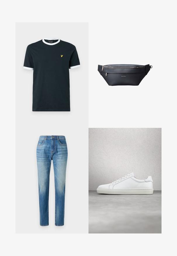 Marineblauw katoenen T-shirt met witte geribde kraag en mouwranden. Wordt gekenmerkt door een klein geel geborduurd logo op de linkerkant van de borst.; Lichtblauwe denim jeans met een rechte pijp, voorzien van een hoge taille, subtiele vervaging en klassieke vijf-pocket stijl. Metalen knoopsluiting.; Witte sneaker met een gladlederen bovenwerk en een laag profiel. Voorzien van een ronde neus, zes vetergaatjes en een gestructureerde rubberen zool.; Zwarte leren Calvin Klein heuptas met twee compartimenten met rits en een verstelbare band met metalen gesp.