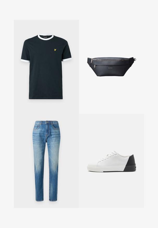 Camiseta de algodón azul marino con cuello ribeteado y bordes de las mangas en blanco. Presenta un pequeño logo bordado amarillo a la izquierda del pecho.; Jeans de mezclilla azul claro, diseño de pierna recta, con una cintura alta, sutil desvanecimiento y un estilo clásico de cinco bolsillos. Cierre de botón de metal.; Calvin Klein LACE UP MONO - Zapatillas - white/black; Riñonera negra de cuero Calvin Klein con dos compartimentos con cremallera y correa ajustable con hebilla metálica.