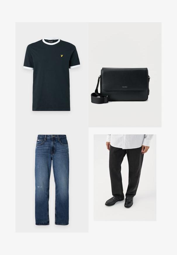 Marineblå bomulds T-shirt med hvid ribkant ved kraven og ærmekanterne. Udstyret med et lille gult broderet logo på venstre bryst.; Blå denim jeans med lige ben design. Har slidte områder og let slitage på forsiden, med en klassisk knaplukning.; Sorte denimbukser parret med skinnende sorte loafers. Skjorten er hvid med tynde lodrette striber, har lange ærmer og en knapkrave.; Sort læder messenger taske med tekstureret finish, justerbar rem og en frontklap med et diskret logo. Kompakt og rektangulær form.