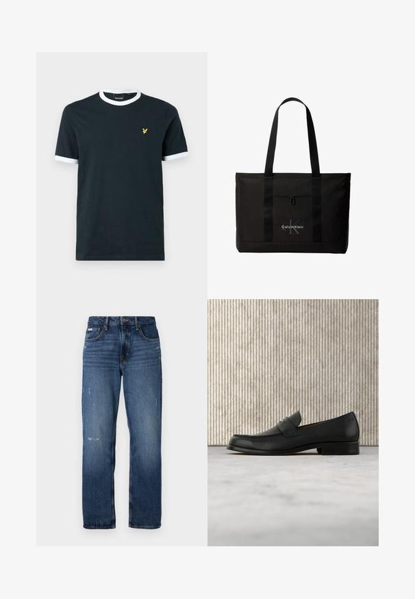 Marineblauw katoenen T-shirt met witte geribde kraag en mouwranden. Wordt gekenmerkt door een klein geel geborduurd logo op de linkerkant van de borst.; Blauwe denim jeans met een rechte pijpdesign. Bevat vervaagde delen en lichte slijtage aan de voorkant, met een klassieke knoopsluiting.; Zwarte leren loafer zweeft boven een beige tapijt met op de achtergrond een glanzende, ronde, bruine tafel.; Zwarte Calvin Klein totebag met twee lange handvatten en een voorvak, met het logo van het merk in wit en grijs.
