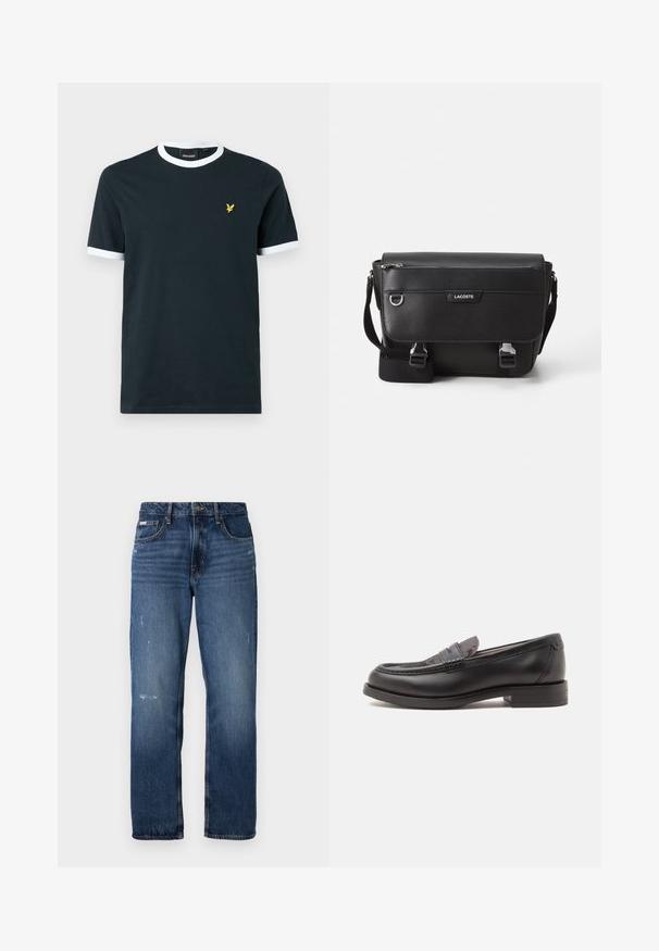 Camiseta de algodón azul marino con cuello ribeteado y bordes de las mangas en blanco. Presenta un pequeño logo bordado amarillo a la izquierda del pecho.; Jeans de mezclilla azul con diseño de pierna recta. Presentan áreas desgastadas y ligero distress en la parte frontal, con un cierre clásico de botón.; Mocasín negro de cuero con tacón bajo y parte superior texturada, mostrado de lado sobre un fondo claro y liso.; Bolso mensajero Lacoste negro texturizado con correa ajustable, tapa frontal, bolsillo con cremallera y cierres de hebilla metálica.