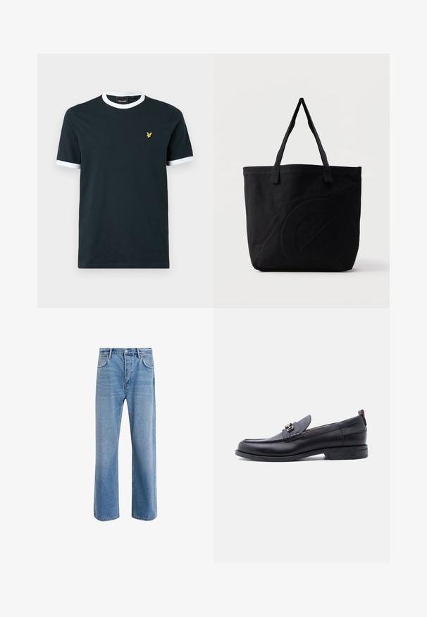 Marineblå bomulds T-shirt med hvid ribkant ved kraven og ærmekanterne. Udstyret med et lille gult broderet logo på venstre bryst.; Lyseblå denim jeans med lige ben-design, fem lommer, knaplukning, minimal falming og kontraststingdetaljer.; Sort lædermokasin med grå tekstureret forfod, sølvfarvet metalspænde, lav hæl og trækflap bagpå.; Sort canvas-tote-taske med to skulderstropper og et diskret præget cirkeldesign på fronten.