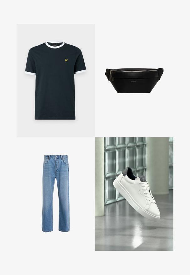 Marineblaues Baumwoll-T-Shirt mit weißem geripptem Kragen und Ärmelenden. Mit einem kleinen gelben gestickten Logo auf der linken Brust.; Helle blaue Jeans im Geradeschnitt-Design, mit fünf Taschen, Knopfverschluss, minimaler Ausbleichung und kontrastierenden Nähdetails.; Weißer Ledersneaker mit schwarzer Ferse und Zunge, Schnürdesign, GANT-Logo an Seite und Zunge, präsentiert in modernem Innenraum.; Schwarze Leder-Calvin Klein Gürteltasche mit silbernem Reißverschluss und verstellbarem Riemen, minimalistisches Logo vorne mittig.