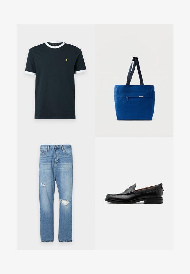 Marineblå bomulds T-shirt med hvid ribkant ved kraven og ærmekanterne. Udstyret med et lille gult broderet logo på venstre bryst.; Lys blå denim jeans med en afslappet pasform, der har to slidte huller foran, standard fem-lomme design og holdbart syning.; Sort læder herre loafer med moc-tå syning, penny strop, struktureret krave og lav stablet hæl på hvid baggrund.; Blå lærredstaske med lynlåslomme foran, dobbelte skulderremme og rektangulær form. Har en diskret mærkeetiket.