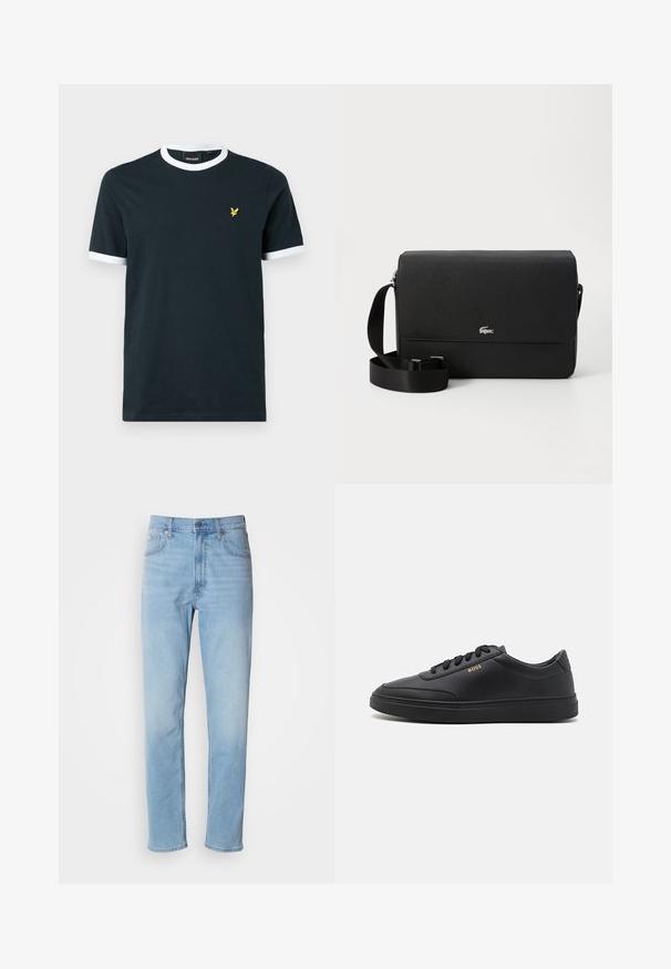 Marineblå bomulds T-shirt med hvid ribkant ved kraven og ærmekanterne. Udstyret med et lille gult broderet logo på venstre bryst.; Lys blå denim jeans med lige pasform, fem lommer og bæltestropper. Stoffet har en glat overflade med en let falmningseffekt.; Sorte lædersneakers med en glat overflade, rund tå, flad gummisål og tonede snørebånd. Udstyret med guld "BOSS" branding på siden.; Sort læder crossbody taske med en glat overflade, en frontklap, sølv logo accent og en justerbar stofrem.