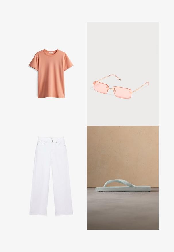 Korte mouwen T-shirt in licht perzikkleur, gemaakt van zachte katoen, met een klassieke ronde hals en een gladde, effen textuur.; Witte jeans met hoge taille en wijde pijpen, voorzien van knoop- en ritssluiting, voor- en achterzakken, en zilverkleurige klinknageldetails.; Enkele lichtbeige rubberen teenslipper met een getextureerd voetbed en Y-vormige band op een effen grijze achtergrond.; Rechthoekige roze getinte randloze zonnebril met dunne gouden metalen pootjes en verstelbare neuspads op een effen lichte achtergrond.