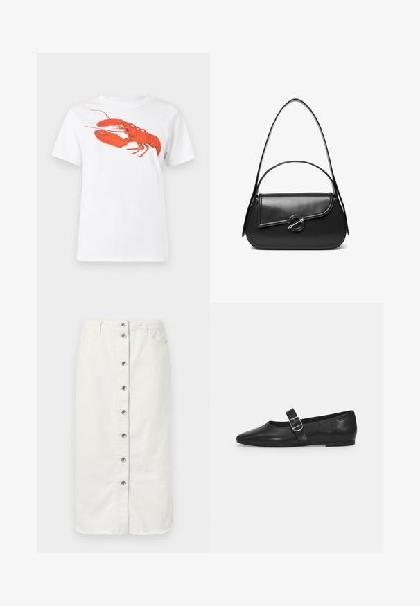 Weißes Baumwoll-T-Shirt mit einem großen, leuchtend roten Hummer-Design auf der Vorderseite. Mit kurzen Ärmeln und klassischem Rundhalsausschnitt.; Weiße Denim-Midikleid mit vorderem Knopfverschluss, zwei seitlichen Taschen und gestickten Akzenten am Bund. Mit rohem Saum.; Schwarzer Lederflatschuh mit runder Zehenform, einem verstellbaren Schnallenriemen und einer glatten, glänzenden Oberfläche. Minimalistisches Design mit einem niedrigen Absatz.; Schwarze Lederschultertasche mit einer geschwungenen Klappe, die durch einen runden Metallverschluss gesichert ist, und einem schlanken, verstellbaren Riemen.