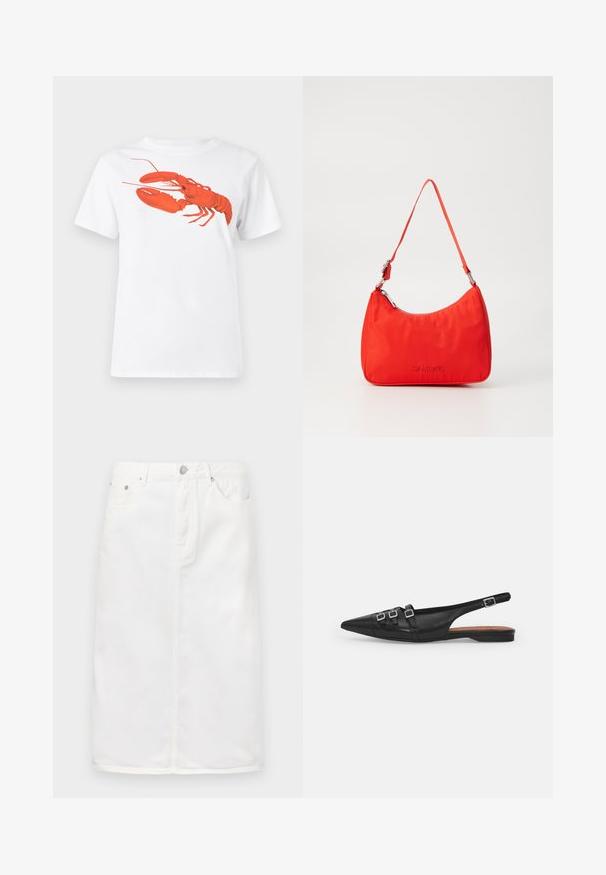 Camiseta de algodón blanca con un gran gráfico de langosta roja brillante en la parte frontal. Diseño de mangas cortas y cuello redondo estándar.; Falda de mezclilla blanca con cremallera frontal, diseño de cinco bolsillos y silueta recta con acentos de costura.; Zapato plano slingback de cuero negro con puntera puntiaguda, que presenta dos correas horizontales y hebillas plateadas cuadradas, tacón bajo y textura suave.; Bolso de mano de nylon rojo con una silueta curva, una sola correa, herrajes plateados y detalle de logo en relieve en la parte frontal. Textura suave.