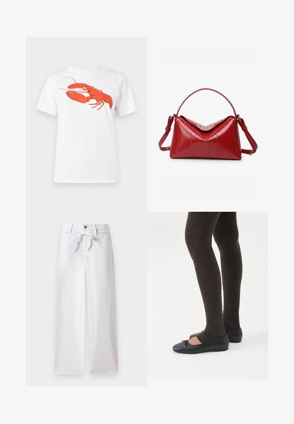 Weißes Baumwoll-T-Shirt mit einem großen, leuchtend roten Hummer-Design auf der Vorderseite. Mit kurzen Ärmeln und klassischem Rundhalsausschnitt.; Weiße weite Baumwollhosen. Mit einem Kordelzug am Bund und einem Knopfverschluss. Glatte Textur mit minimalistischen Design.; Beine in dunklen, gerippten Leggings kombiniert mit schwarzen Ballerinas mit kleinen Schleifendetails auf weißem Hintergrund.; Rote Handtasche aus glänzendem Material mit strukturierter Form. Verfügt über einen gebogenen Griff, verstellbaren Riemen und vertikale Präge-Muster.