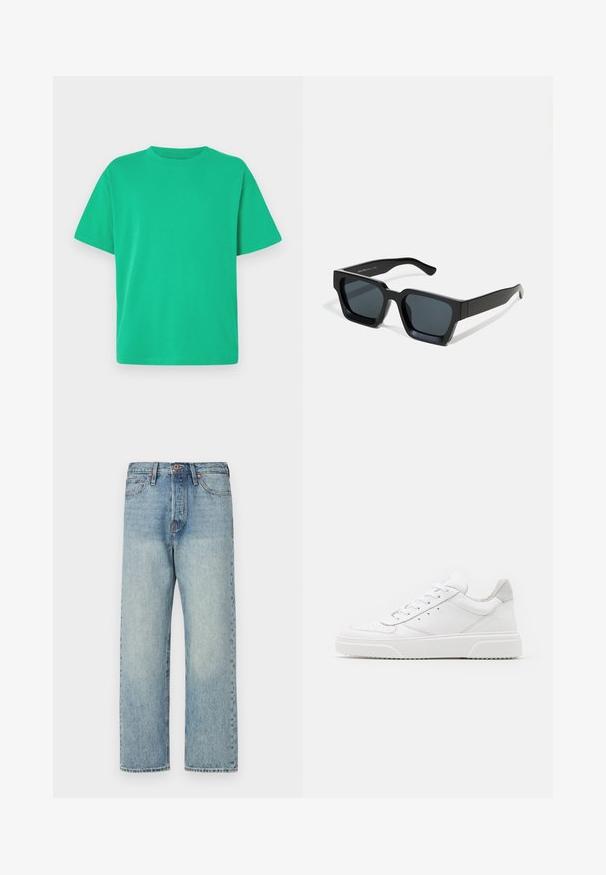 Grünes T-Shirt mit kurzen Ärmeln aus weichem Stoff; hat einen Rundhalsausschnitt und eine lockere Passform; glatte Textur ohne Muster oder Akzente.; Hellblaue Jeans aus Denim mit geradem Bein, fünf Taschen und bronzener Hardware. Minimale Ausbleichungen mit einem sauberen Finish.; Weiße Leder-Sneaker mit glatter Oberfläche, rundem Zehenbereich, flachen Schnürsenkeln und strukturiertem Schuhsohlen. Graues Wildleder-Detail an der Ferse.; Schwarze rechteckige Sonnenbrillen mit dunklen Gläsern. Dickes, glattes Kunststoffgestell mit leicht glänzender Oberfläche und geraden Bügeln.