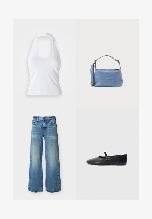 Biely halter top s výstrihom do véčka, vyrobený z hladkej, elastickej látky. Disponuje minimalistickým dizajnom bez ozdôb alebo vzorov.; Svetlomodré džínsy so širokými nohavicami, s predným gombíkom a zipsom, prednými a zadnými vreckami a jemne vyblednutými detailmi na stehnách a kolenách.; Čierne kožené baletky s špicatou špičkou, plochou podrážkou a malým remienkom so striebornou prackou.; Svetlomodrá kabelka s reliéfom krokodílej kože, vybavená krátkou rukoväťou a odnímateľným ramenným popruhom. Hladká štruktúra s uzatváraním na zips.