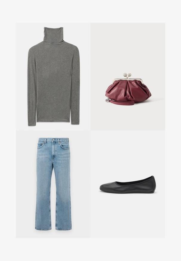 Grijze langemouwen turtleneck shirt gemaakt van een zachte, gestructureerde stof. Heeft een hoge halsontwerp en een aansluitende pasvorm.; Lichtblauwe spijkerbroek met een recht model, hoge taille, zichtbare stiksels en een lichte vervaging. Geen versieringen of hardware.; Zwarte leren ballerina met een ronde neus, gladde textuur, minimale stikdetails en een flexibele zoolontwerp.; Kleine bordeauxrode leren clutch met zilveren metalen gesp en polsriem op een witte achtergrond.