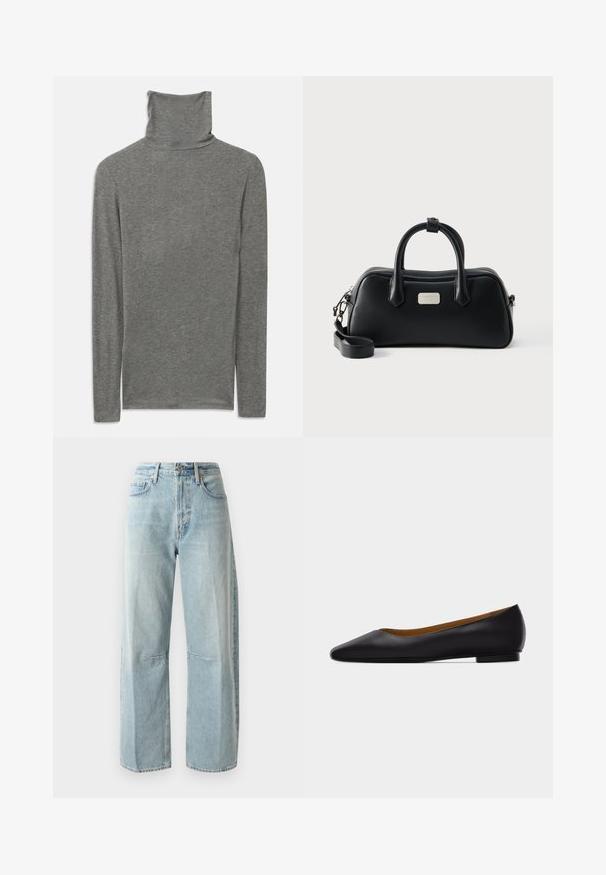 Camisa de cuello alto de manga larga gris, confeccionada con una tela suave y texturizada. Presenta un diseño de cuello alto y una silueta ajustada.; Jeans de pierna ancha de color azul claro, hechos de denim. Cuenta con una cintura alta, dos bolsillos delanteros y pernera recta con un ligero desvanecimiento en la tela.; Zapato plano de punta puntiaguda de cuero negro con tacón bajo y acabado liso, mostrado de perfil sobre un fondo gris claro.; Bolso rectangular negro de cuero con dos asas, correa de hombro desmontable y pequeña placa con el logo de la marca en plata en el frente.