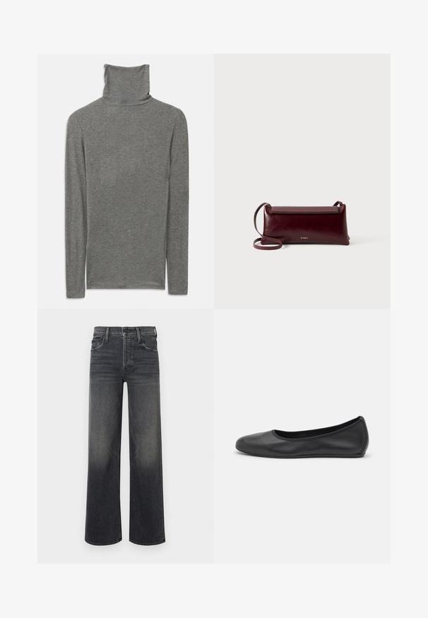Grijze langemouwen turtleneck shirt gemaakt van een zachte, gestructureerde stof. Heeft een hoge halsontwerp en een aansluitende pasvorm.; Zijden jeans in donkergrijze denim, met een subtiele vervaagde uitstraling. Klassiek vijf-pocket ontwerp met riemlussen en zichtbare stiksels.; Zwarte leren ballerina met een ronde neus, gladde textuur, minimale stikdetails en een flexibele zoolontwerp.; Bordeaux lederen schoudertas met een gladde textuur, rechthoekige vorm, klep sluiting en een dunne verstelbare schouderband. Gouden logo detail zichtbaar.