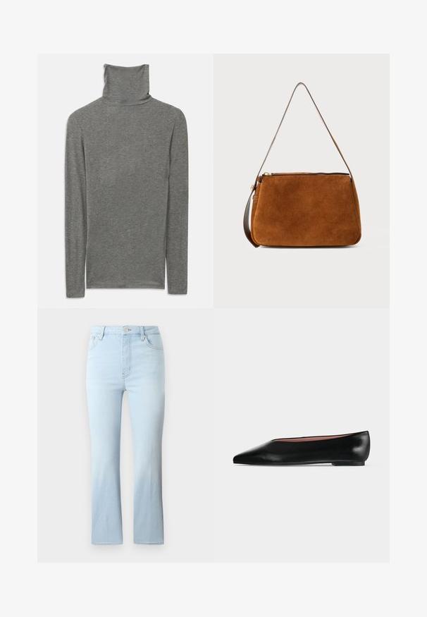 Camisa de cuello alto de manga larga gris, confeccionada con una tela suave y texturizada. Presenta un diseño de cuello alto y una silueta ajustada.; FRAME THE REBOOT CROP - Vaqueros bootcut - light blue; Zapato plano negro de cuero para mujer con punta puntiaguda y tacón bajo, mostrado de lado sobre un fondo liso gris claro.; Bolso de hombro de ante marrón con una forma estructurada, una correa de cuero marrón y un cierre superior con cremallera. Textura suave con un hardware mínimo.
