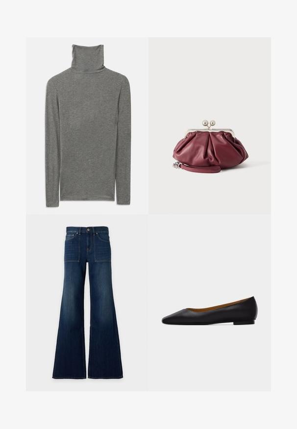 Grå langærmet polo t-shirt lavet af et blødt, struktureret stof. Har et højt halsdesign og en tætsiddende silhuet.; Mørkeblå denimjeans med høj talje, vide ben, forlommelommer og knaplukning i taljen.; Sort læder flad sko med spids tå, lav hæl og glat finish, vist fra siden på en lysegrå baggrund.; Lille bordeaux rød læder clutch-pung med sølv metal lukning og håndledsrem på hvid baggrund.