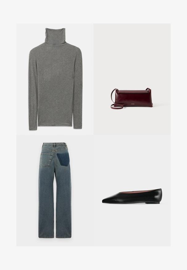 Grå langærmet polo t-shirt lavet af et blødt, struktureret stof. Har et højt halsdesign og en tætsiddende silhuet.; Bredde ben jeans lavet af denim, med en lys blå vask, to baglommer og en lappelomme i en mørkere blå på højre side.; Sort damesko i læder med flad hæl og spids tå, vist fra siden på en ensfarvet lys grå baggrund.; Bordeaux læder crossbody taske med en glat tekstur, rektangulær form, flaplukning og en tynd justerbar rem. Guldlogo detalje synlig.