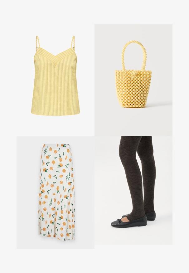 Haut jaune sans manches avec bretelles fines réglables et motif texturé à rayures verticales, avec un décolleté en V.; Jupe blanche ornée d'un motif dispersé de tranches d'orange, d'oranges entières et de feuilles vertes. Le tissu semble lisse avec un design fluide.; Jambes portant des leggings côtelés foncés associés à des ballerines noires avec de petits détails en nœud sur fond blanc.; Petit sac à main style bocal fait de perles crème brillantes avec une anse en perles bouclée et une fermeture décorative avec un nœud de perles.