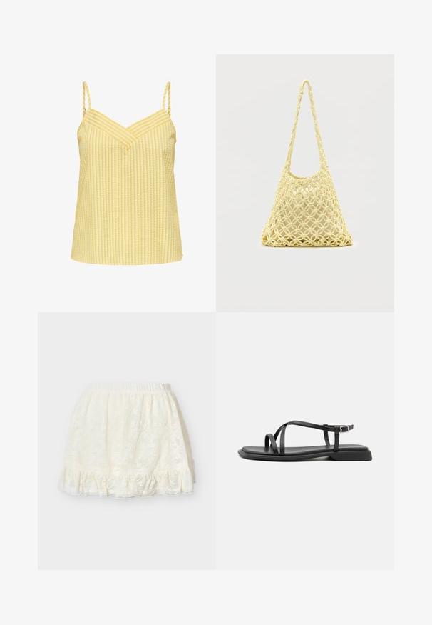Haut jaune sans manches avec bretelles fines réglables et motif texturé à rayures verticales, avec un décolleté en V.; Demi-jupon en dentelle couleur crème avec taille élastique et ourlet à volants, conçu pour être porté sous des jupes ou des robes.; Sandales plates noires avec de fines brides réglables, un entre-doigt rectangulaire et une finition mate texturée. Elles présentent un talon bas légèrement carré.; Sac en filet macramé jaune avec longue bandoulière et pochette beige à l'intérieur, présenté sur un fond blanc uni.
