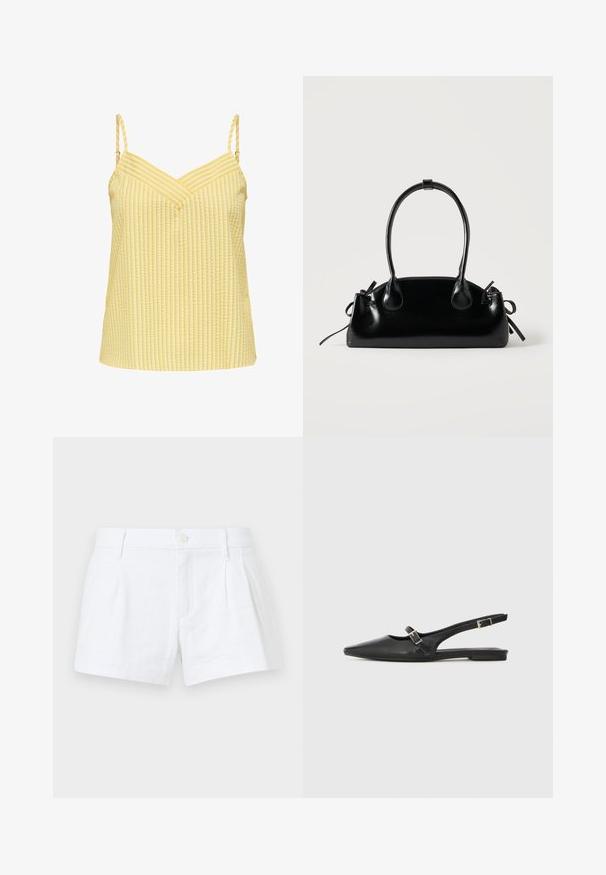 Haut jaune sans manches avec bretelles fines réglables et motif texturé à rayures verticales, avec un décolleté en V.; Shorts en lin blanc avec des plis, une fermeture à bouton et des poches latérales. Présente une coupe ajustée et une texture lisse.; Chaussures slingback en cuir noir avec un bout pointu, comprenant une lanière étroite et un accent de boucle argentée sur le côté. Semelle plate.; Petit sac à main noir brillant avec deux longues anses et des détails à cordon sur les côtés sur un fond clair uni.