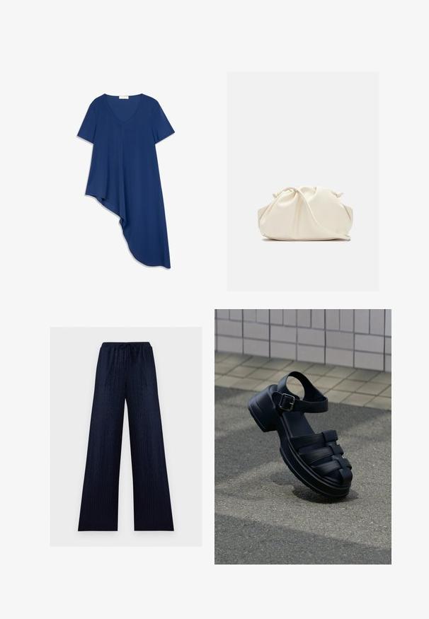Haut bleu marine asymétrique avec encolure en V, manches courtes et texture lisse. Présente un ourlet plus long sur un côté pour une silhouette fluide.; Pantalon large bleu marine avec une texture subtile en zigzag, taille élastique et fermeture à cordon.; Sandale en cuir noir à bout fermé, bride à la cheville, boucle en métal, semelle épaisse, reposant sur un trottoir gris près d'un mur carrelé.; Pochette en cuir souple couleur crème avec un design froncé et une fine bandoulière reposant à l’avant sur un fond uni.