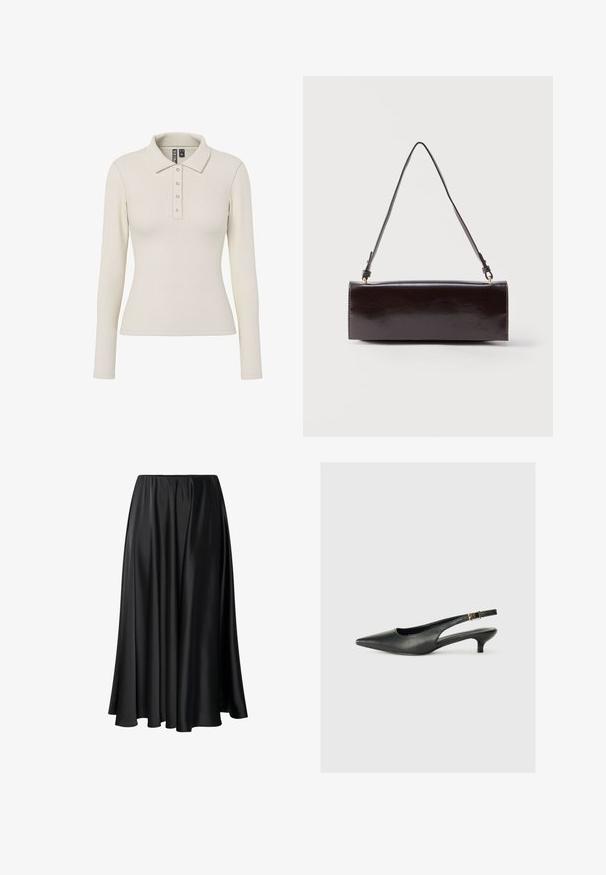 Langærmet polo-shirt i off-white ribbet stof med kravehals og fem metalknapper foran. Tætsiddende design.; Sort maxiskirt lavet af glat stof, med en elastisk talje, fuld silhuet og en flydende kant uden synlige mønstre eller detaljer.; Sorte spidse slingback-sko lavet af glat læder. Har en tynd hæl og en spænde detalje på den justerbare rem.; Rektangulær sort læderhåndtaske med en enkelt lang rem og blank finish, vist mod en ensfarvet hvid baggrund.