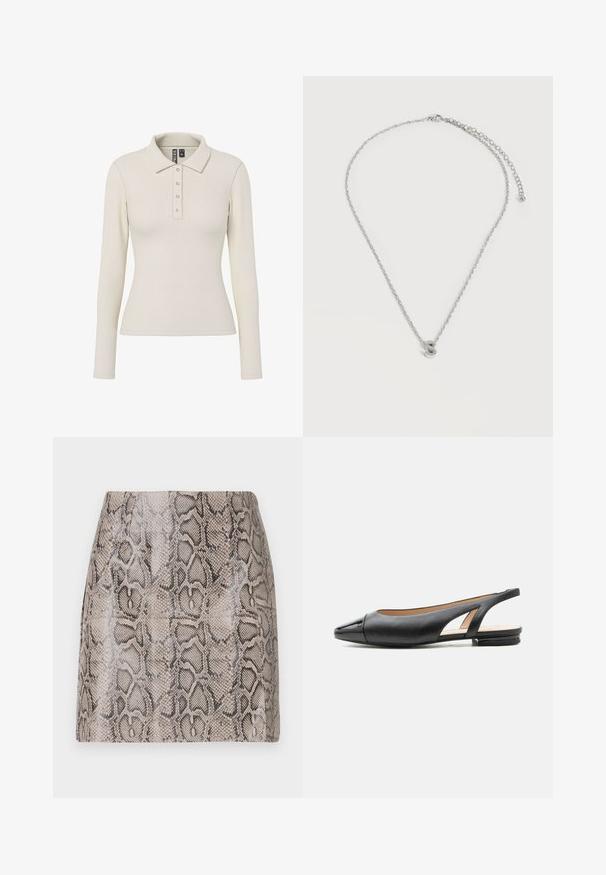 Langærmet polo-shirt i off-white ribbet stof med kravehals og fem metalknapper foran. Tætsiddende design.; En tætsiddende miniskørt med en blank, struktureret faux slangeskindsprint i nuancer af beige og sort, med en glat overflade og uden synlige lukninger.; Sort læder slingback flad sko med spids laklæder tåhætte og lav hæl, vist i sideprofil på hvid baggrund.; Sølvkæde med en lille vedhæng formet som bogstavet "S" og en justerbar lås i enden.