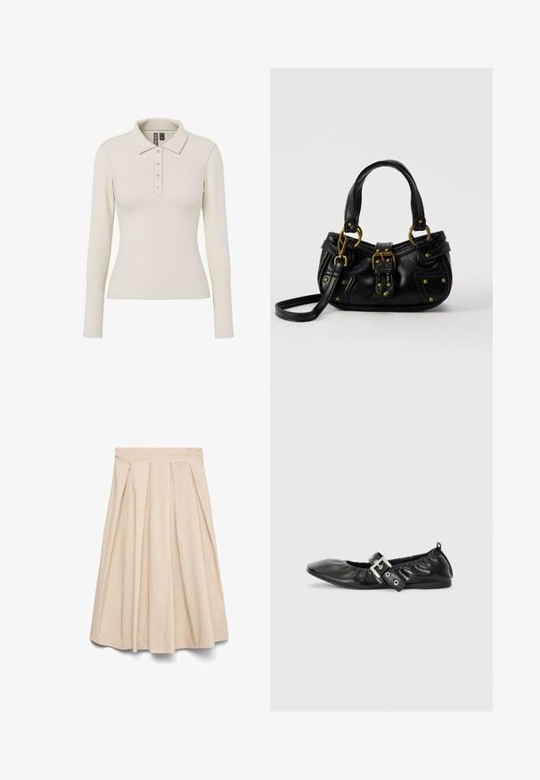 Langærmet polo-shirt i off-white ribbet stof med kravehals og fem metalknapper foran. Tætsiddende design.; Beige midi nederdel med høj talje og forreste plisseringer, vid silhuet og glat stof.; Sorte læder flade sko med spids tå, samling detaljer omkring åbningen, og en sølv spænde accent på den justerbare rem.; Sort læderhåndtaske med guldbælge og nitdetaljer, korte håndtag og en justerbar skulderrem på en ensfarvet hvid baggrund.
