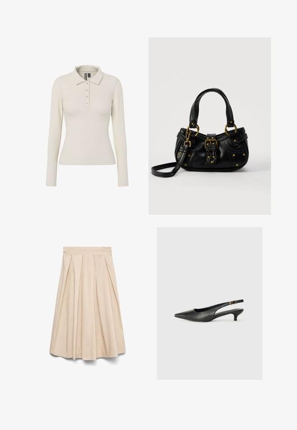 Langærmet polo-shirt i off-white ribbet stof med kravehals og fem metalknapper foran. Tætsiddende design.; Beige midi nederdel med høj talje og forreste plisseringer, vid silhuet og glat stof.; Sorte spidse slingback-sko lavet af glat læder. Har en tynd hæl og en spænde detalje på den justerbare rem.; Sort læderhåndtaske med guldbælge og nitdetaljer, korte håndtag og en justerbar skulderrem på en ensfarvet hvid baggrund.